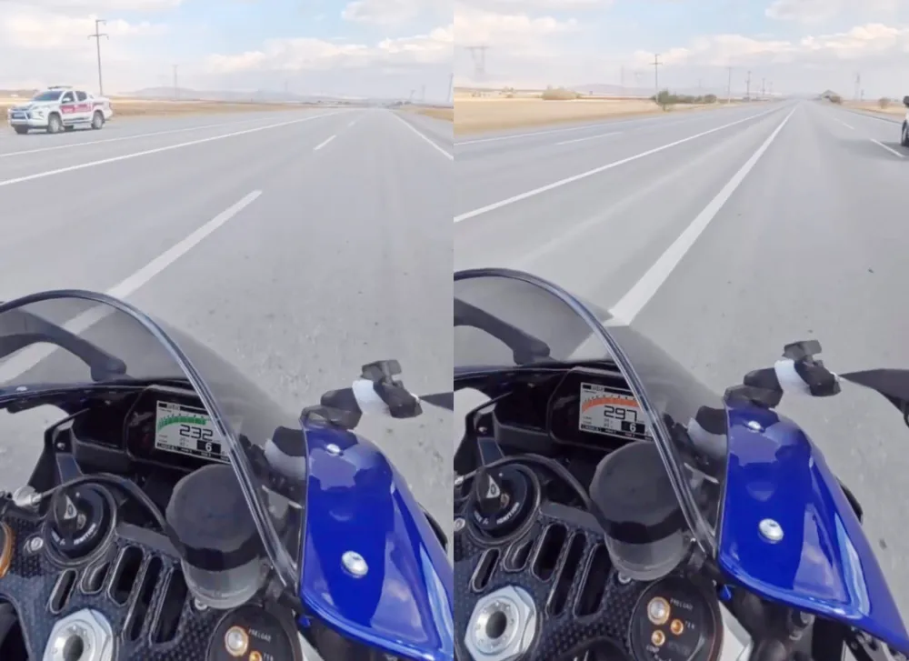 297 KİLOMETRE HIZLA GİDEN MOTOSİKLET SÜRÜCÜLERİNE 18 BİN LİRA CEZA